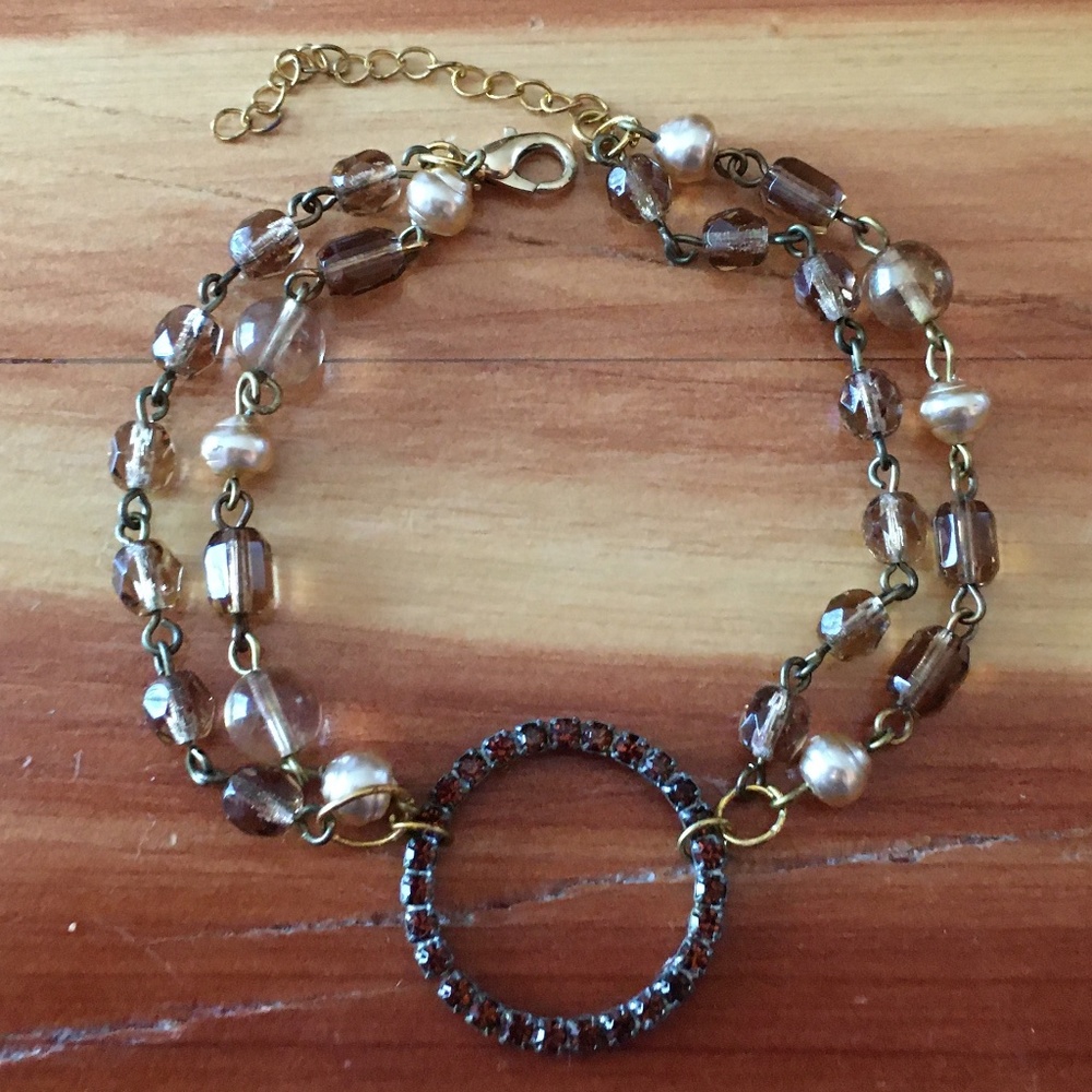 Handmade Brown Rhinestone Circle + Amber & Gold Beads Bracelet, Vintage Beads - Picture 2 of 8